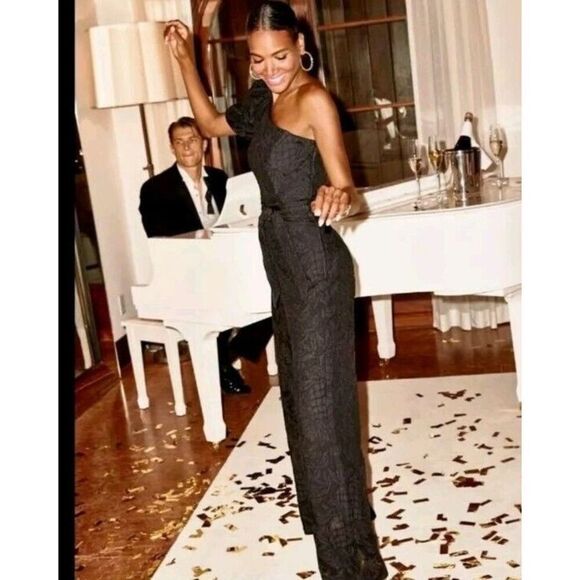 Lilly Pulitzer Brialyn One-Shoulder Jumpsuit 14 Onyx Black Jacquard $248 EUC‎ - Picture 2 of 16